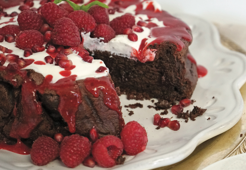 Rich Chocolate Mousse Cake with Raspberry Coulis & Coconut Caramel Sauce by Chef Kate